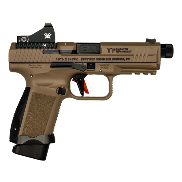Canik TP9SF Elite Combat 9mm Luger Semi Auto Pistol 4.78" Threaded Barrel 15 Rounds Vortex Viper Red Dot Sight Picatinny Rail Polymer Frame Flat Dark Earth