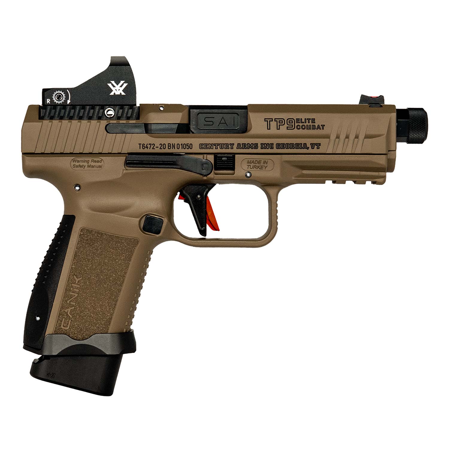 Canik TP9SF Elite Combat 9mm Luger Semi Auto Pistol 4.78" Threaded Barrel 15 Rounds Vortex Viper Red Dot Sight Picatinny Rail Polymer Frame Flat Dark Earth