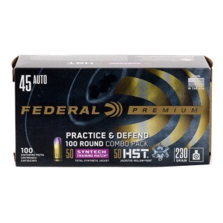 Federal Practice & Defend .45 ACP Ammunition 100 Rounds HST JHP & Syntech TSJ 230 Grains