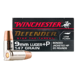 Winchester Defender 9mm Luger +P Ammunition 20 Rounds Bonded JHP 147 Grain