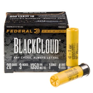 Federal Black Cloud FS Steel 20 Gauge Ammunition 25 Rounds 3" #4 1 Ounce Steel Shot Flitecontrol Flex Wad 1350fps