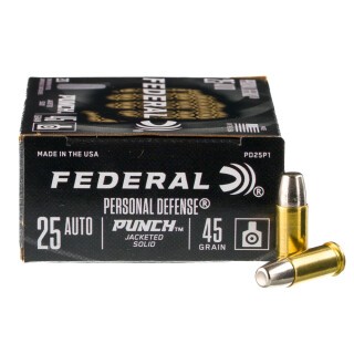 Federal Punch .25 ACP Ammunition 20 Rounds Jacketed Solid 45 Grains
