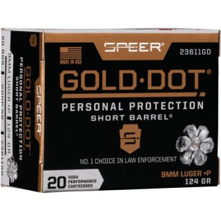 Speer Gold Dot Short Barrel Personal Protection 9mm Luger +P Ammunition 20 Rounds 124 Grain GDHP 1150fps