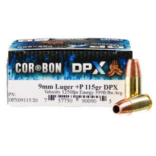 Ammo 9mm Luger +P Cor-Bon DPX 115 Grain Solid Copper Hollow Point Bullet 1250 fps 20 Rounds DPX09115/20