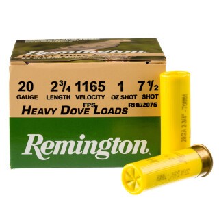 Ammo 20 Gauge Remington ShurShot Heavy Dove Loads 2-3/4" #7.5 Lead 1 Ounce 1165 fps 25 Rounds RHD2075