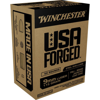 Winchester USA Forged 9mm Luger Ammunition 50 Rounds Steel Case FMJ 115 Grains Projectile 1190 fps
