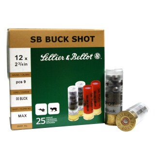 12 Gauge Sellier & Bellot Shotshell 2 3/4" #00 Buck 9 Pellets Lead 1214 fps 25 Round Box