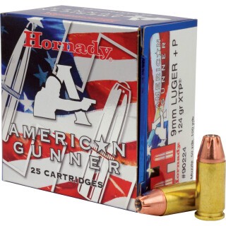 Hornady American Gunner 9mm Luger +P Ammunition 25 Rounds XTP JHP 124 Grain